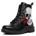 Custom Black Combat Boots for Women Fashion Lace-Up Skull Rose Ankle Booties Chunky Heel Platform Leather Boots