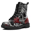 Custom Black Combat Boots for Women Fashion Lace-Up Skull Rose Ankle Booties Chunky Heel Platform Leather Boots