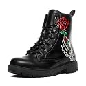 Custom Black Combat Boots for Women Fashion Lace-Up Skull Rose Ankle Booties Chunky Heel Platform Leather Boots