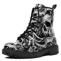 Custom Black Combat Boots for Women Fashion Lace-Up Skull Rose Ankle Booties Chunky Heel Platform Leather Boots