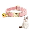 Custom Cat Collar with Bells Personalized Small Cat Collar Engraved Name &amp; Phone Number with Secure Metal Quick-Release Buckle Adjustable (Light Pink)