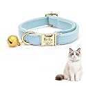 Custom Cat Collar with Bells Personalized Small Cat Collar Engraved Name & Phone Number with Secure Metal Quick-Release Buckle Adjustable (Light Blue)