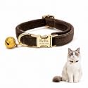 Custom Cat Collar with Bells Personalized Small Cat Collar Engraved Name & Phone Number with Secure Metal Quick-Release Buckle Adjustable (Dark Brown)