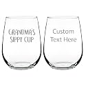 Custom Grandma's Sippy Cup - Stemless Wine Glass Gift with Personalized Engraved Message - Cute Birthday Glasses Gifts for Grandma