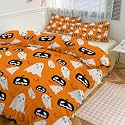 Custom Halloween Pumpkin Ghost Skull Duvet Cover with Name, Spooky Witch Hat Personalized Bedding Set Spider Webs Bat Customized Duvet Cover Set Trick Or Treat Cute Comforter Cover Set 3 Pieces