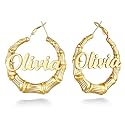 Custom4U Bamboo Earrings for Women Personalized Gold Hoop Name Earrings