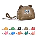 Cute Animal Coin Purse, Genuine Leather Multi‑Color Mini Zipper Wallet with Key Ring, Portable Small Change Pouch for Coins Cards Earbuds, Gift for Women Kids (Khaki, Cat)