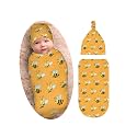 Cute Bee Newborn Swaddle Blanket with Beanie Set, Soft and Stretchy Swaddlling Blanket for Boy and Girl