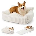 COZY KISS Cute Cat Bed with Removable Cover, Multifunctional Plush Faux Fur Pet Couch Bed with Blanket, Ultra-Soft Pet Furniture for Cats & Small Dogs (Cream, M: 32''x24'')
