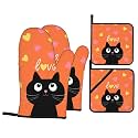 Cute Cat Oven Mitts and Pot Holders Sets - Green Love Kitchen Mitts Potholders 4 Pack Heat Resistant Anime Animal Oven Gloves Hot Pads for Kitchen Baking Grilling Party