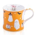Cute Ghost Halloween Coffee Mug, 12oz Orange Ceramic Coffee Cup with Bow Pumpkins, Bats & Witch Hat Design, Spooky-Cute Holiday Gift for Halloween, Designed in England by Harvest Green Studio