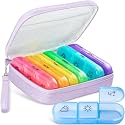 AMOOS Cute Pill Organizer 3 Times a Day, Large Daily Pill Case for Women, Portable Pill Box 7 Day for Purse with Bag &amp; Zipper to Hold Vitamins, Medications, Fish Oils, Supplements (Purple)
