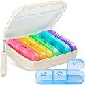 AMOOS Cute Pill Organizer 3 Times a Day, Large Daily Pill Case for Women, Portable Pill Box 7 Day for Purse with Bag &amp; Zipper to Hold Vitamins, Medications, Fish Oils, Supplements (Beige)