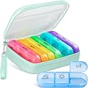 Cute Pill Organizer 3 Times a Day, AMOOS Large Daily Pill Case for Women, Portable Pill Box 7 Day for Purse with Bag &amp; Zipper to Hold Vitamins, Medications, Fish Oils, Supplements (Cyan Blue)
