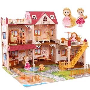 cute stone 5 rooms huge dollhouse with 2 dolls and colorful light 2634 x 2334 x 2034 doll house gift for girls