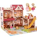 CUTE STONE 5 Rooms Huge Dollhouse with 2 Dolls and Colorful Light, 26" x 23" x 20" Doll House Gift for Girls