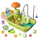 CUTE STONE Play Sink with Running Water, Kitchen Sink Toys with Upgraded Electric Faucet, Play Kitchen Toy Accessories, Pool Floating Fishing Toys for Water Play, Kids Role Play Dishwasher Toy