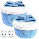 Cute Storage Baskets with Lids, Small Round Woven Rope Basket with Lid, Small Toy Box for Kids or Cat, Cute Basket for Gift, Decorative Basket with Chic Bow Handle, Blue