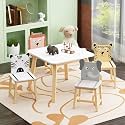 Cute Wood Table with 4 Chairs Set, 5 Piece Cartoon Animals Wood Drawing Play Table and Chair Set Activity Tables for Home, Nursery, Kindergarten
