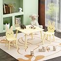Cute Wood Table with 4 Chairs Set, 5 Piece Cartoon Animals Wood Drawing Play Table and Chair Set Activity Tables for Home, Nursery, Kindergarten (Yellow)