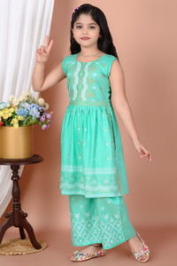 cute xii fashion printed cotton blend flared kurta for girls multicolor