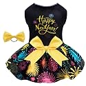 CuteBone Happy New Year Dog Dresses Velvet Holiday Small Dogs Clothes Onesie Pet Apparel Girl Puppy Skirt with Bow Hair Rope