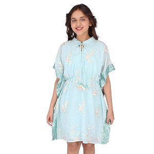 Cutecumber Girls Georgette Floral Embroidered Aqua Kaftan