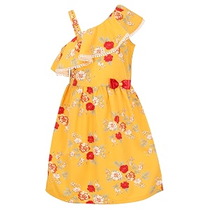 Cutecumber Girls Polyester Floral Printed Mustard Dress.