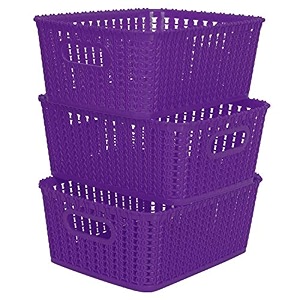 cutting edge plastic woven storage basket with handle small-set of 3purple