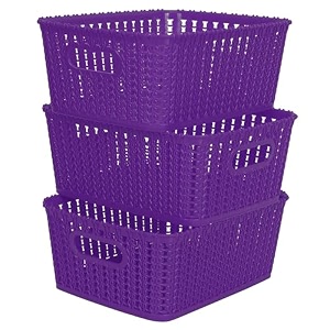 cutting edge plastic woven storage basket with handle small-set of 3purple