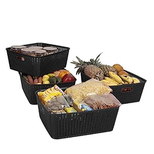 cutting edge plastic woven storage basket with handle medium-set of 4black