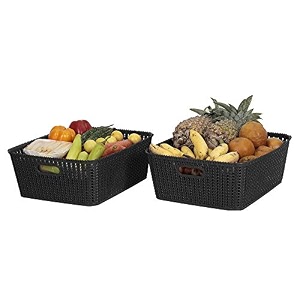 cutting edge plastic woven storage basket with handle medium-set of 2black