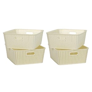 cutting edge plastic woven storage basket with handle medium-set of 4white