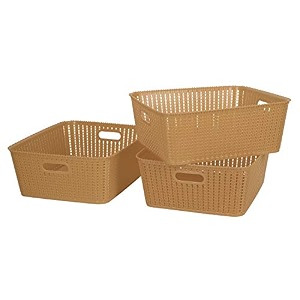 cutting edge plastic woven storage basket with handle medium-set of 3beige