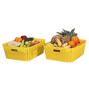 cutting edge woven storage basket with handle medium-set of 2yellow