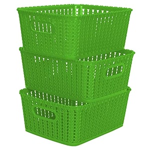 cutting edge plastic woven storage basket with handle small-set of 3green