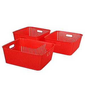 cutting edge plastic woven storage basket with handle mediumset of 3red