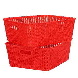 cutting edge plastic woven storage basket with handle mediumset of 2red