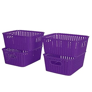 cutting edge plastic woven storage basket with handle small-set of 4purple