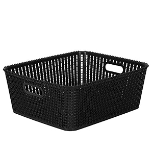 cutting edge plastic woven storage basket with handle medium-set of 1black