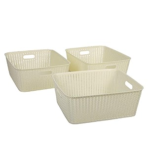cutting edge plastic woven storage basket with handle medium-set of 3white