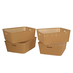 cutting edge plastic woven storage basket with handle medium-set of 4beige