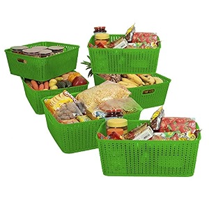 cutting edge plastic woven storage basket with handle medium-set of 6green