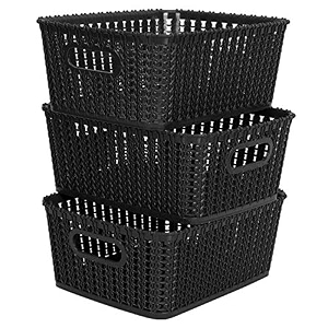 cutting edge plastic woven storage basket with handle smallset of 3black