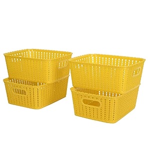 cutting edge plastic woven storage basket with handle small-set of 4yellow