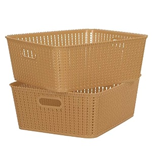 cutting edge plastic woven storage basket with handle medium-set of 2beige