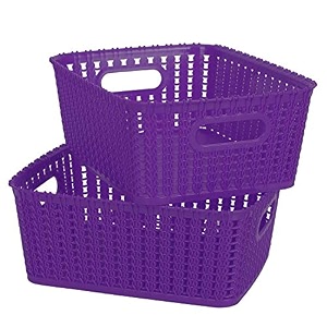 cutting edge plastic woven storage basket with handle small-set of 2purple