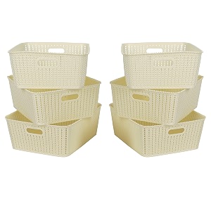 cutting edge plastic woven storage basket with handle medium-set of 6white