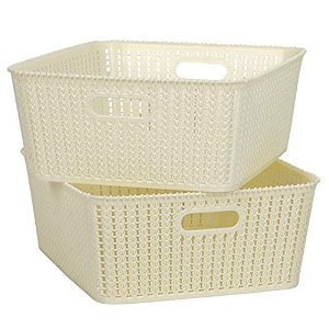 cutting edge plastic woven storage basket with handle medium-set of 2white