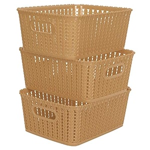 cutting edge plastic woven storage basket with handle smallset of 3beige